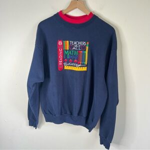 Vintage Unisex Navy Crewneck Sweater with Colorful School Teacher Graphic